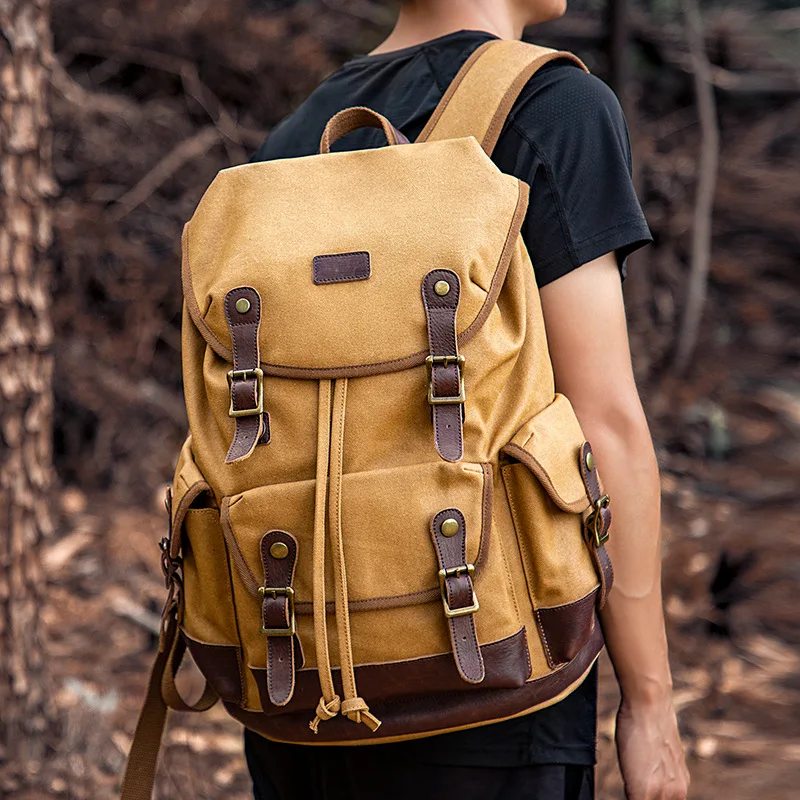 Backpack Men Canvas Retro Style 2023 New Waterproof Oil Wax Outdoors Journey Mountain Climbing Backpack Laptop Backpack Students