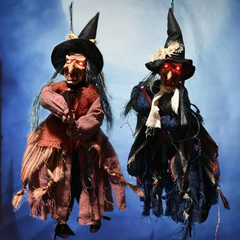Hanging Witch Doll on Broomstick with Glowing Eyes Scary Sound Halloween Decoration Props Flying Witch for Haunted House D&eacute;cor