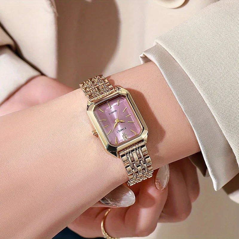 1pc-Women Stainless Steel Band Watch Minimalist Square Quartz Wristwatch