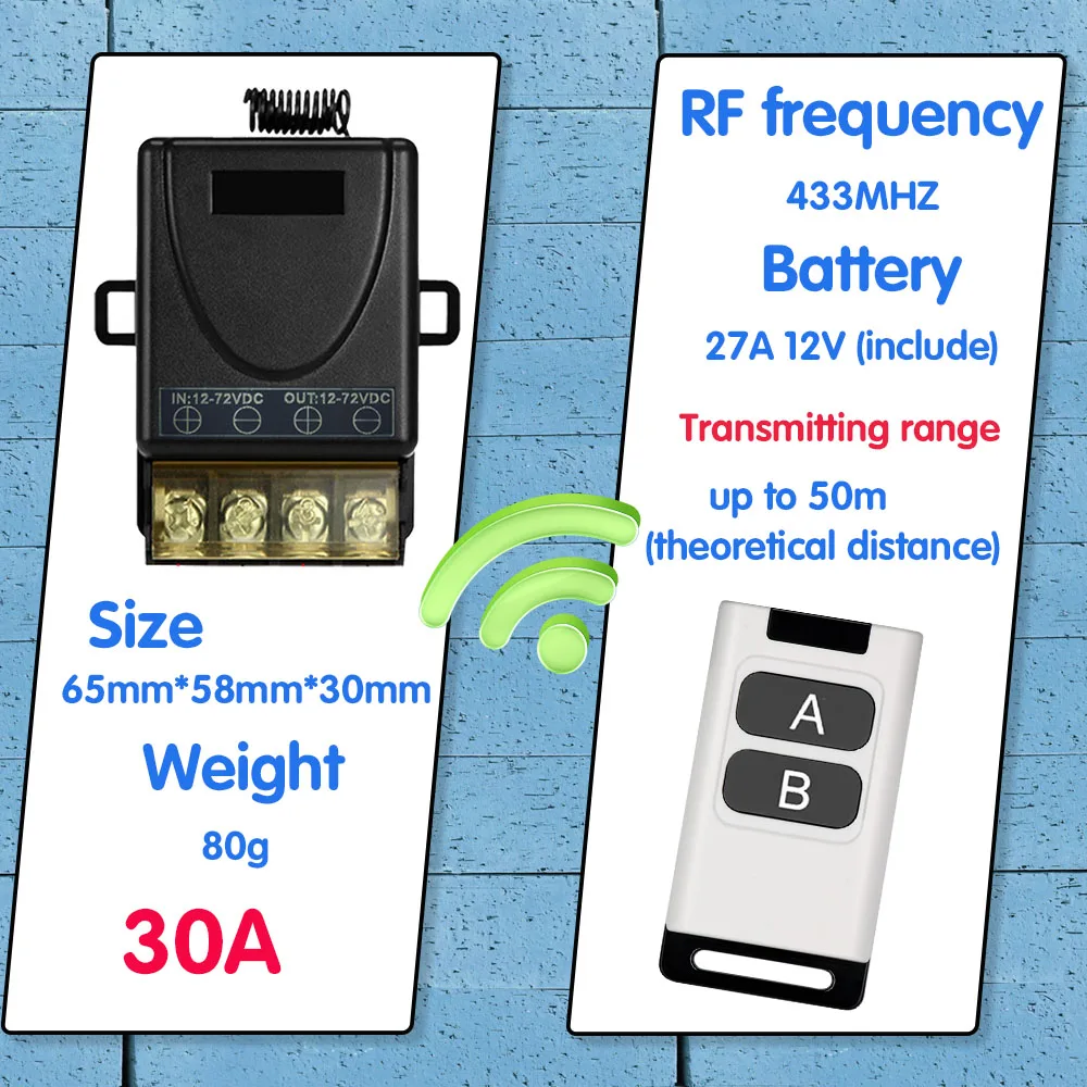 433Mhz RF ON-OFF DC8-86V 30A Relay Wireless Remote Control Switch - DAIER