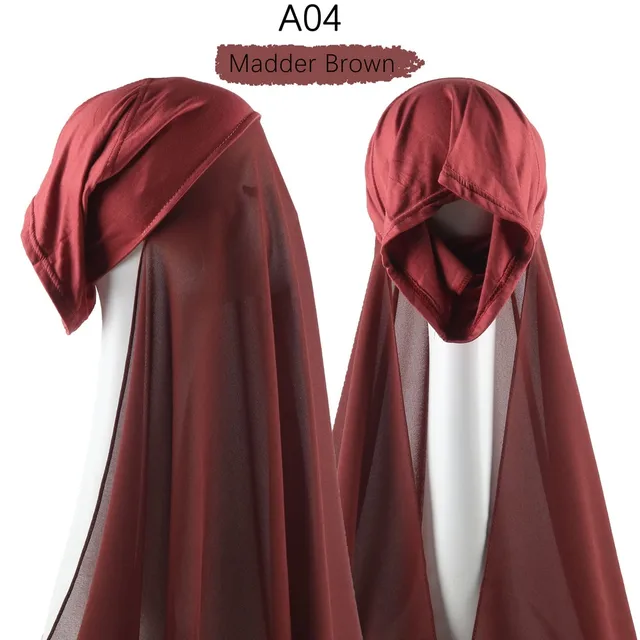 Muslim Women Heavy Chiffon Hijab Scarf With Bonnet  Instant Chiffon Hijabs Scarves With Caps Pinless Underscarf Headscarf A04