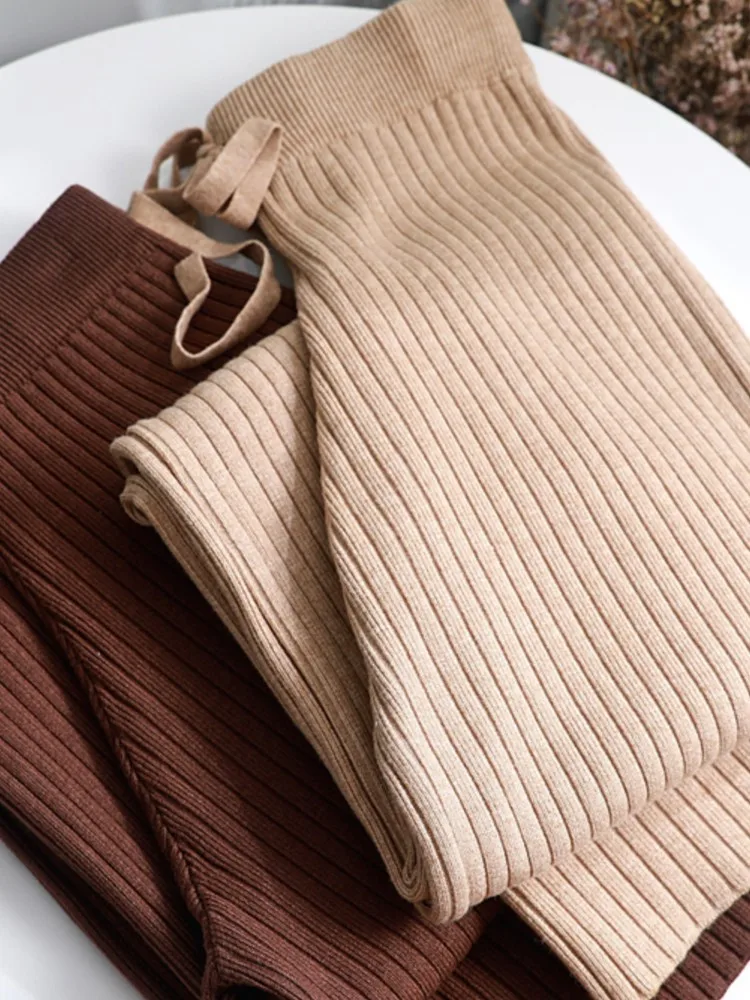 

Women Winter New Casual Straight Pants Female Drawstring Loose High Waist Knitted Wide Leg Trousers Fashion Clothes Pantalon