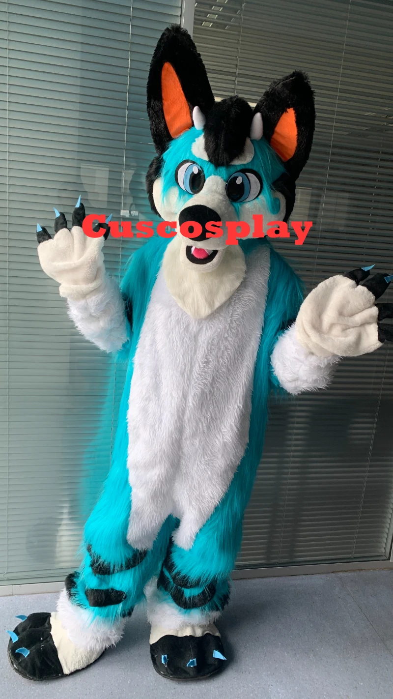Blue Long Fur Husky Dog Fox Wolf Fursuit Mascot Costume Suit Cosplay