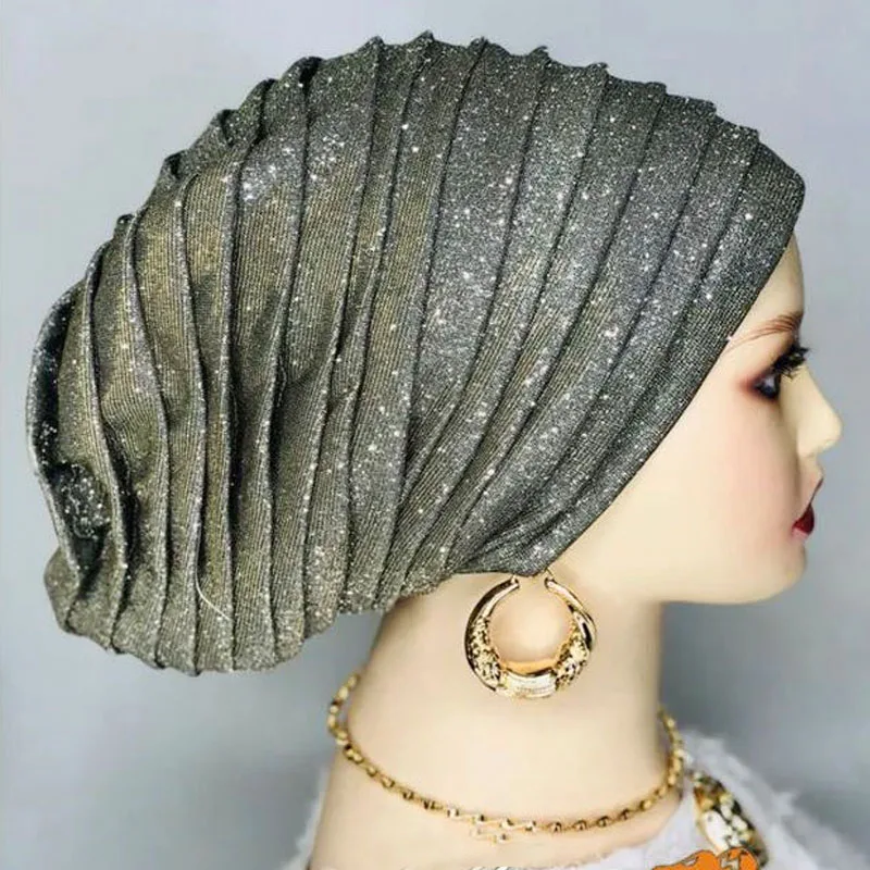 

Glitter Full Body Pleated African Turban Cap Women's Head Wraps Nigeria Auto Gele Female Wedding Party Headpiece Headwear Hat