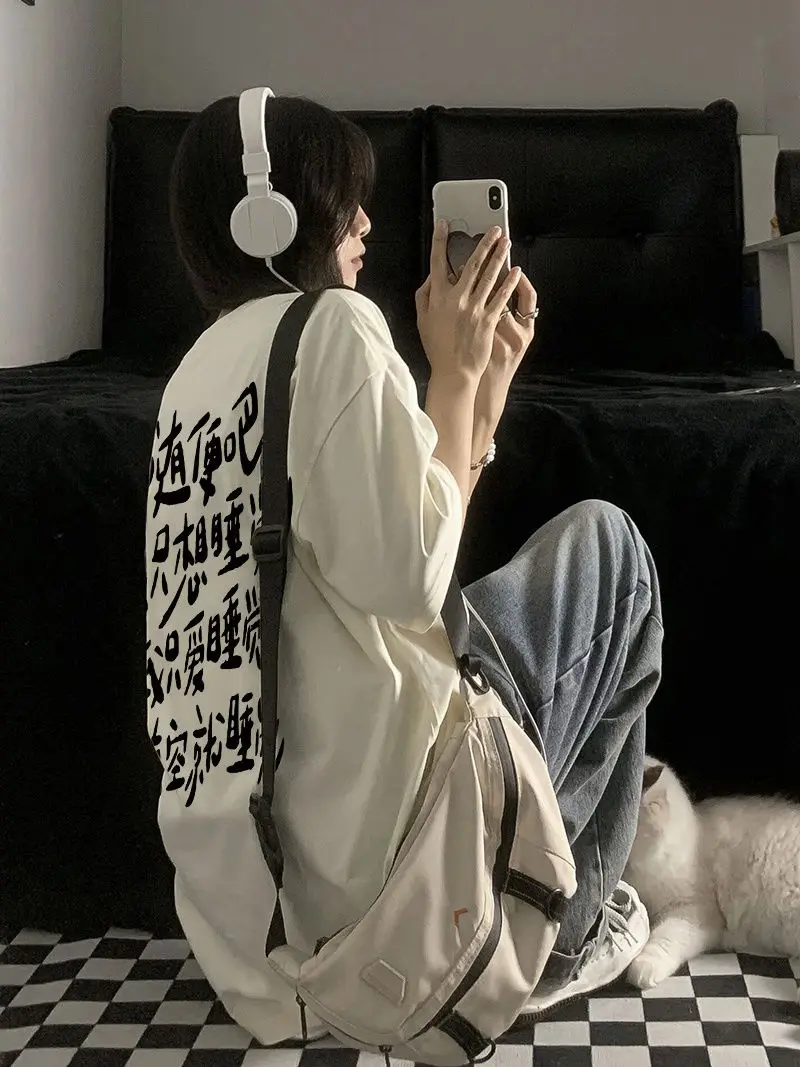Chinese Style Character T-shirts Women Summer Baggy Tops Tee
