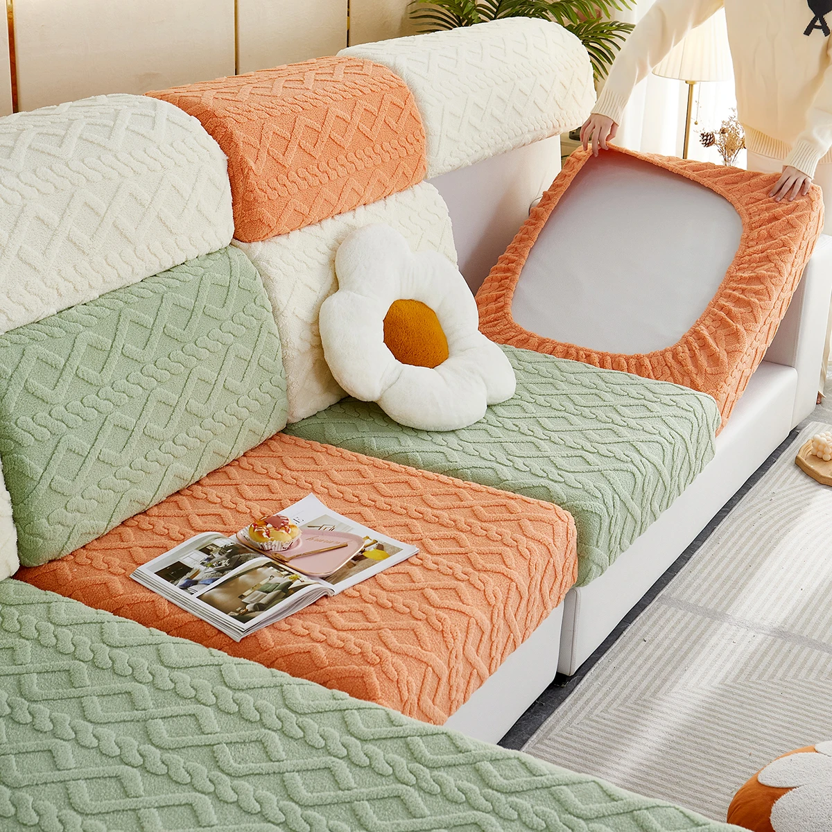 Thicken Seat Cushion Cover Elastic Jacquard Sofa Cover Adjustable Removable Furniture Protector for Pets Kids Sofa Seat Covers 4