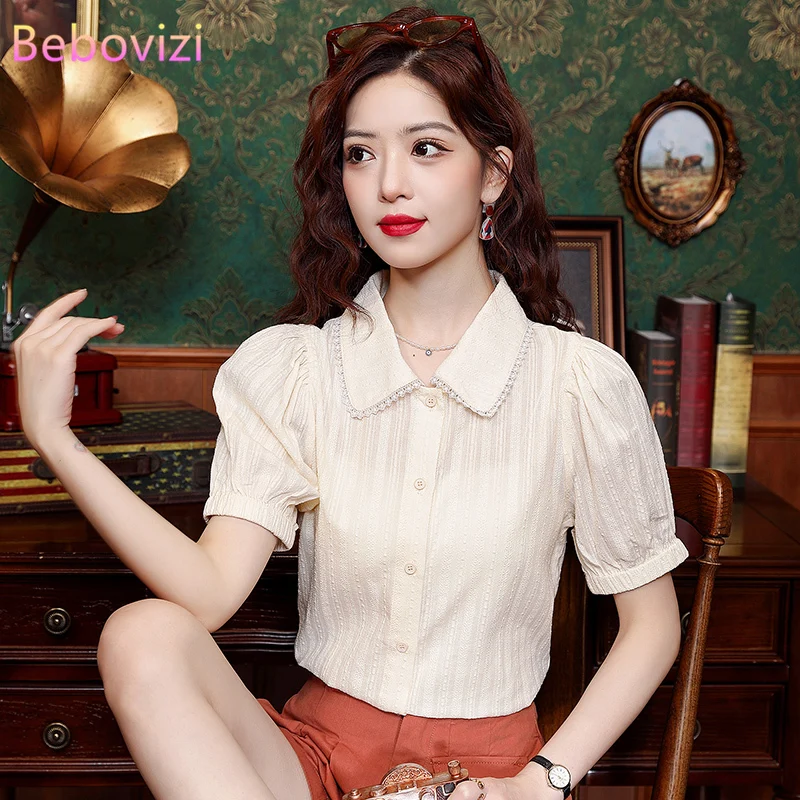 

Новинка лета 2024, рубашка с коротким рукавом и воротником «Питер Пэн», милая винтажная блузка, топы для женщин, одежда