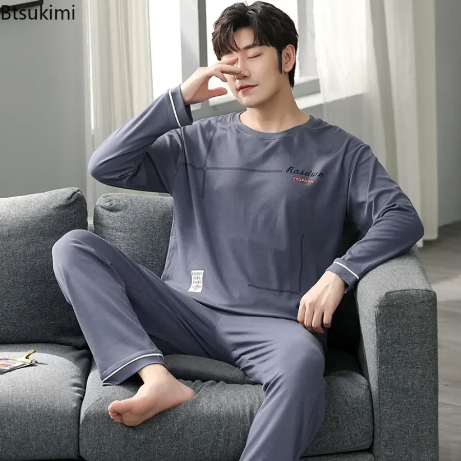 Men's Large Size Simple Loose Homewear Suit Spring Comfortable Cotton Long Sleeve Trouser Lounge Pajamas Two Piece Sets Male pajama sets