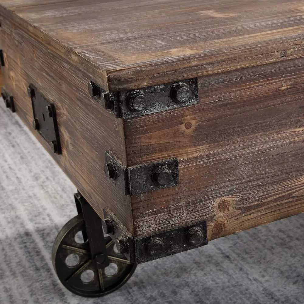 Factory Cart Coffee Table, Vintage Center Table with Wheels for Living Room, Rectangular, Wood 3