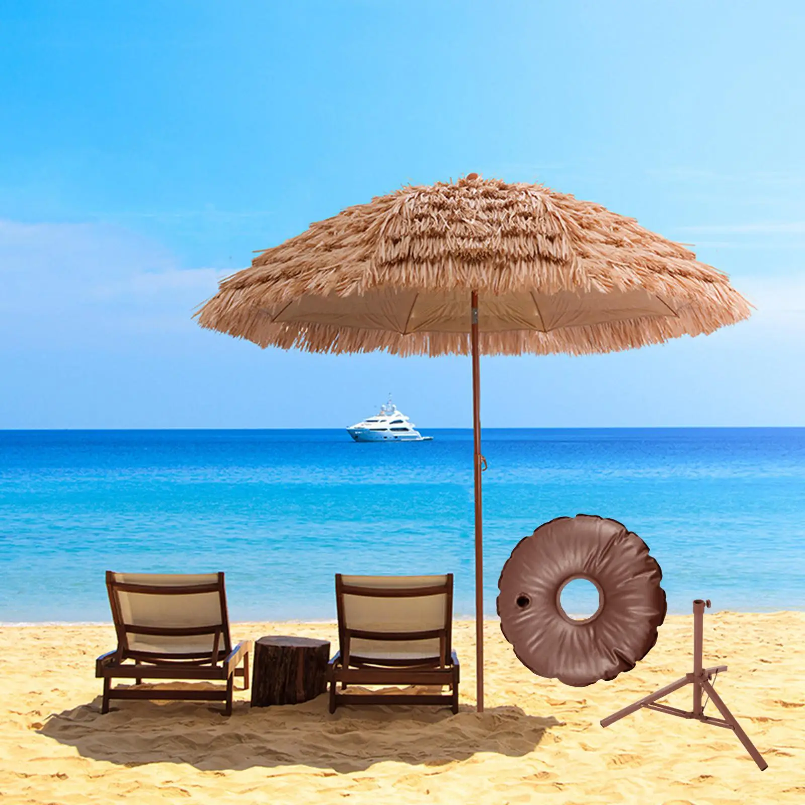 1.6M Canopy Hawaiian Pool Parasol Umbrella with Tripod Beach Umbrella Easily Install Metal Pole Patio Tropical Decor