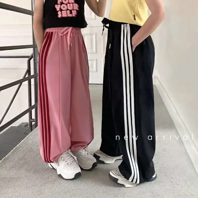 

2024 Spring Autumn School Girl Pants Teenager Girl Stripe Elastic Waist Sports Pants Children Girl Cotton Pants Trousers