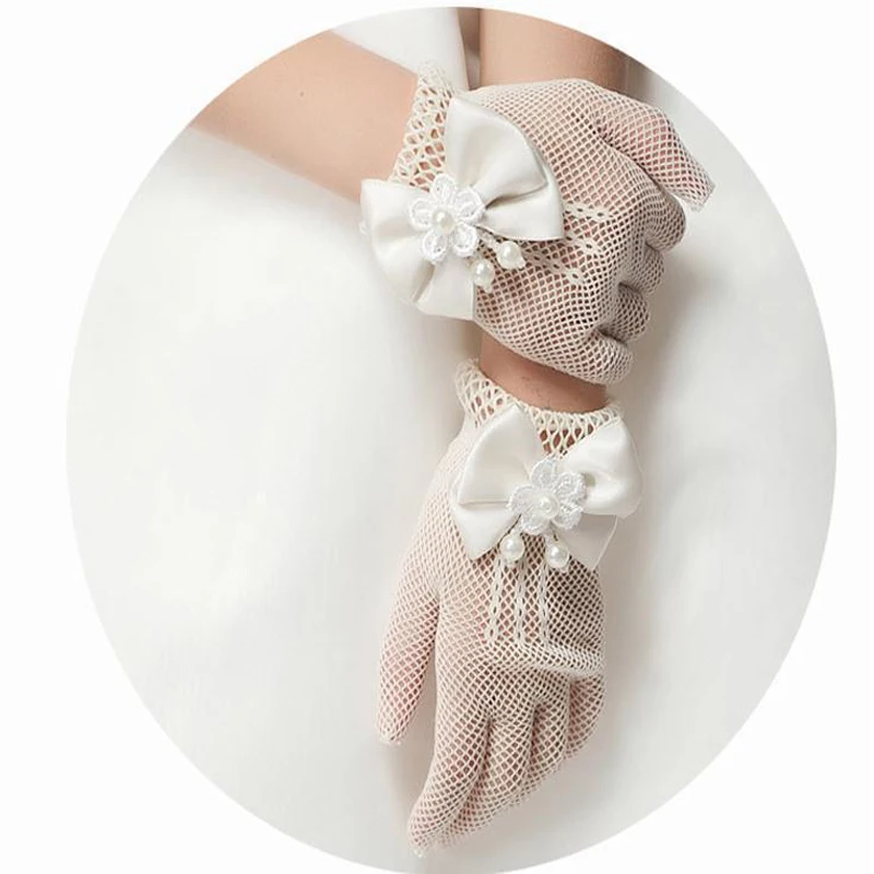 

1 Pair Kids Girls White Lace Faux Pearl Fishnet Gloves Communion Flower Girl Bride Party Ceremony Accessories