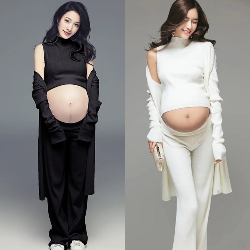 

MOMLUVBB Women Photography Props White Black Knit Pregnant Elegant Coat Pants 3pcs Set Pregnancy Clothes Studio Shoot Photo Prop