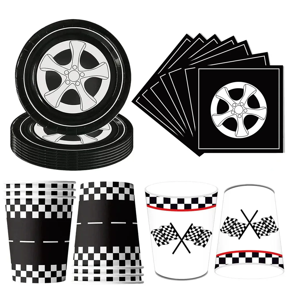 

Racing Car Theme Disposable Party Tableware Car Wheel Paper Plates Table Runner Paper Cups Motorcycle Racing Themed Party Decors