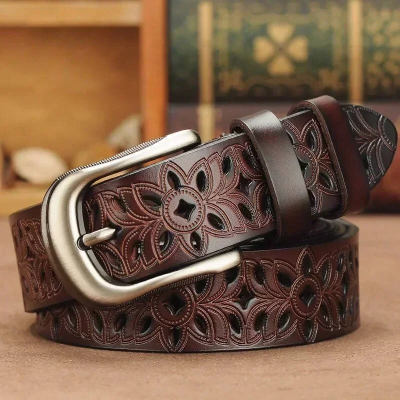 

115CM New Belt Hollow Pattern Belt Ladies Trend Waistband Genuine Woman Belt Vintage Pin Buckle Imitation Leather Strap Jeans