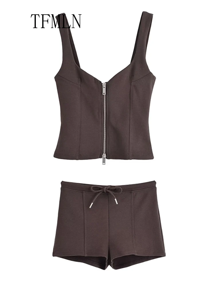 TFMLN 2025 Summer Women Tank Top Short Sets Fashion Sporty Zipper Square Collar Top Drawstring Mini Shorts Causal Outfits