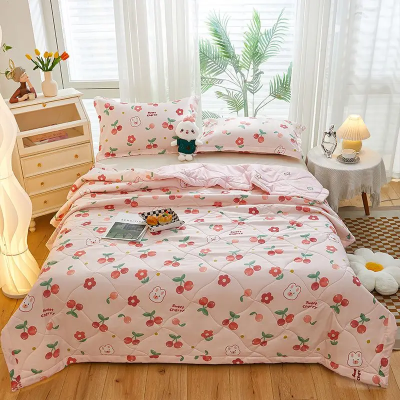 

A-Class Cotton Summer Blanket Cherries Pink Rabbit Blue Flowers Quilting Washable Quilting Bedding Double Bed Cover Comforter