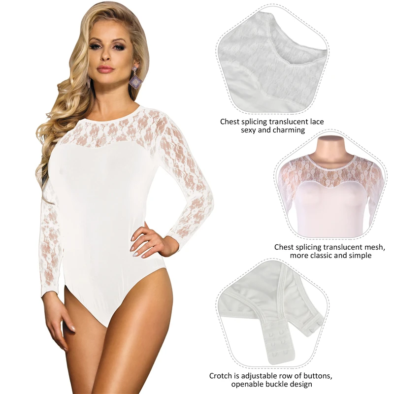 Comeondear Sexy Body For Woman Long Sleeve Teddy Lace Bodysuit