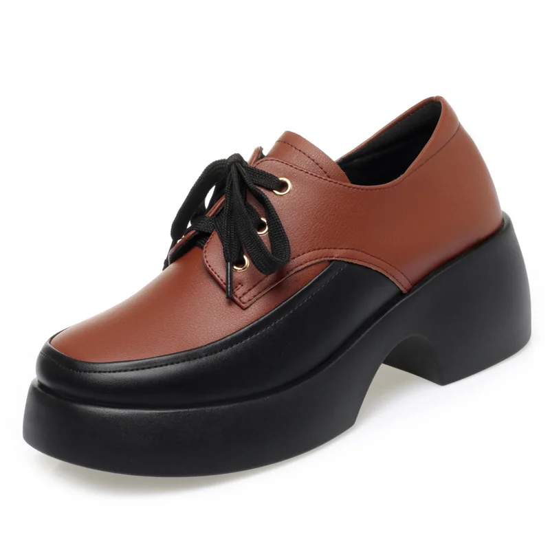 2024 Elegant Versatile Lace Up Comfortable Soft Leather Shoes Woman New Retro Thick Sole High Heel Casual Single Shoes 4