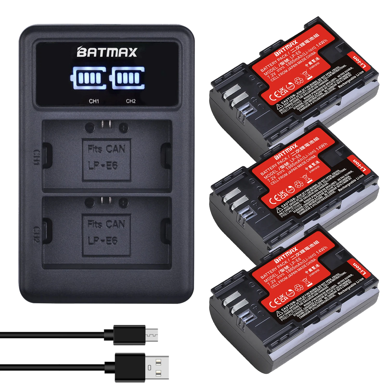 3 Pz Lp-E6 Lp E6 Batteria Giappone Celle + Doppio Caricatore Display A Led Per Canon Lp-E6,Lp-E6N, Eos 80D,6D, 7D, 70D, 60D,5Ds,5D Mark