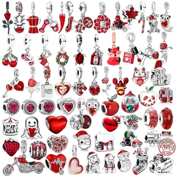Hot Sale Red Series 925 Sterling Silver Strawberry Heart Christmas Pendant Charm Beads Fit Original Pandora Bracelet DIY Jewelry 1