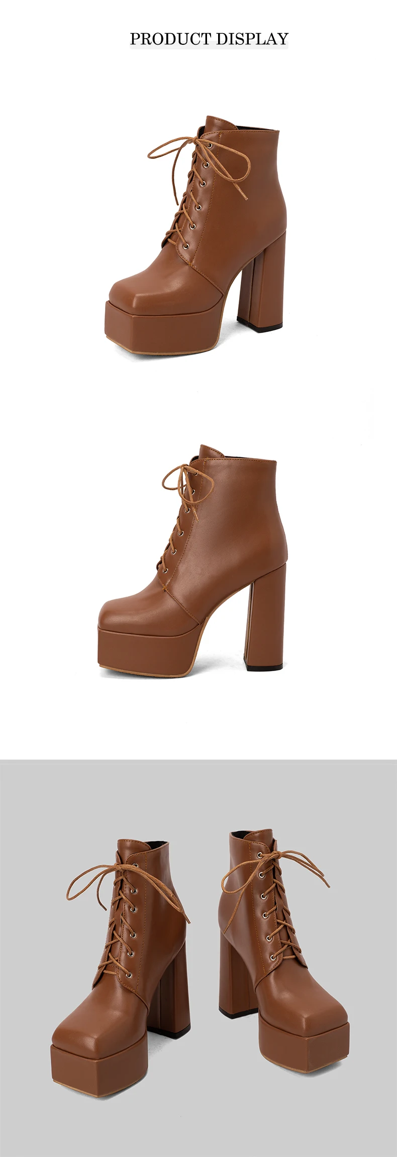 Quadratische Zehenpartie, hohe Plateau-Schnürung, einfarbig, sexy Damen-Stiefeletten, schwarze Lederstiefel, mattes Finish, Frühling und Herbst, neues High-End-Design, Runway-Modell-Stil, elegant, sexy, einfarbig, quadratischer Absatz, ultrastabil – Detail 8