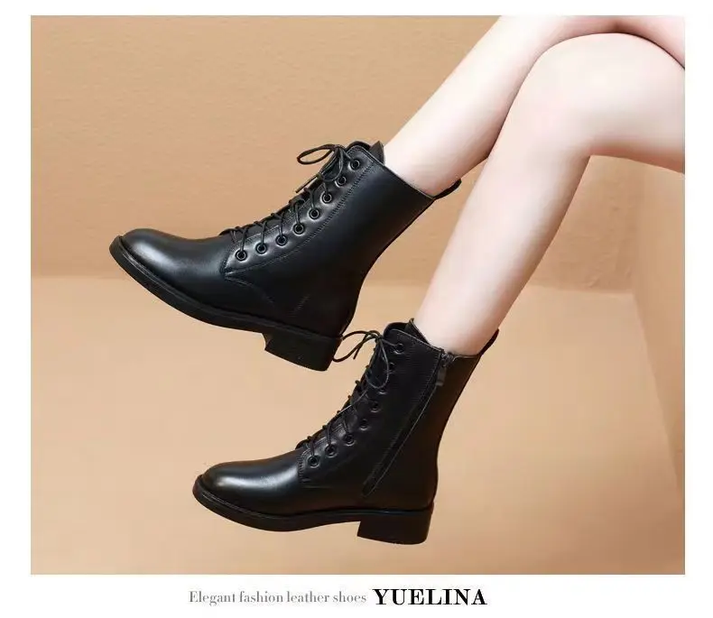 Mode Spitz Frauen Vielseitige Leder Stiefel Nicht-slip Chunky Heels Externe Tragen Trend Schuhe Schwarz Lace Up Weibliche boot – Detail 7