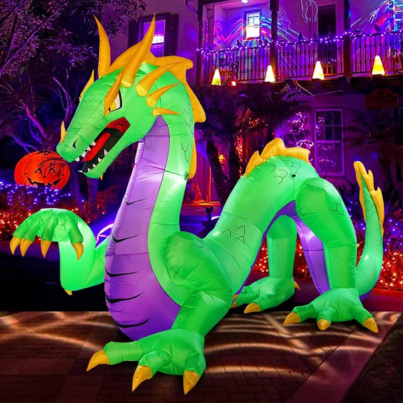 14Ft Long Huge Halloween Inflatable Green Dragon Inflatables Toys with LED Lights for Yard Lawn Halloween Outdoor Decoration 4