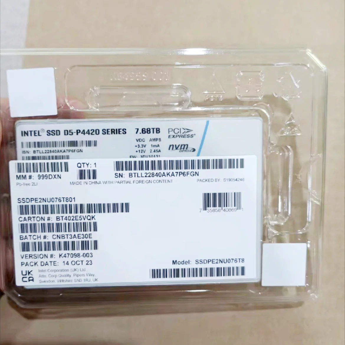 ڿ ָ Ʈ ̺  SSD, D5-P4420 ø, 7.68TB, DC NVME U.2, 2.5 ġ, SSDPENU076T8