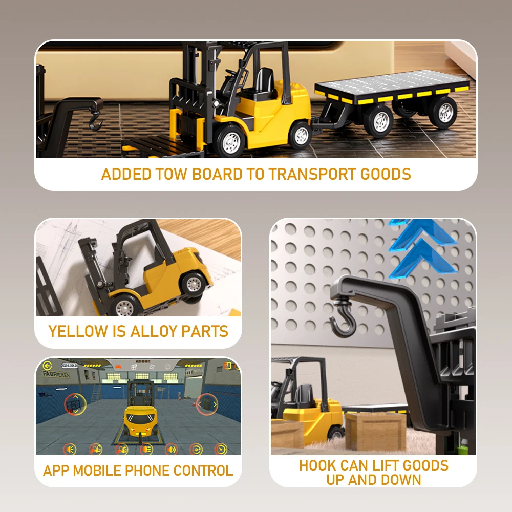 1:64 Bluetooth Remote Control Crane And Forklift two-in-one Desktop Mini Alloy Toy Car With Trailer Christmas Gift In Color Box - Image 3