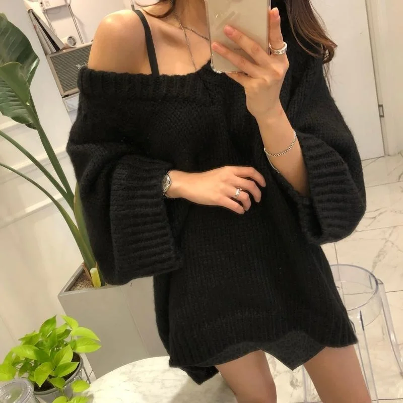 

Female V-neck Sweater Women Winter Pullover Knitted Jumper Knitting Long Sleeve Solid Tops Loose Sweaters Thick Sexy Streetwear