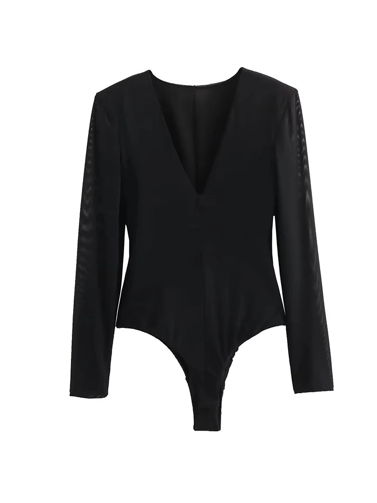 

Women V-neck Long Sleeve Black Bodysuits Mesh Spliced Stretchable Slim Top Jumpsuits