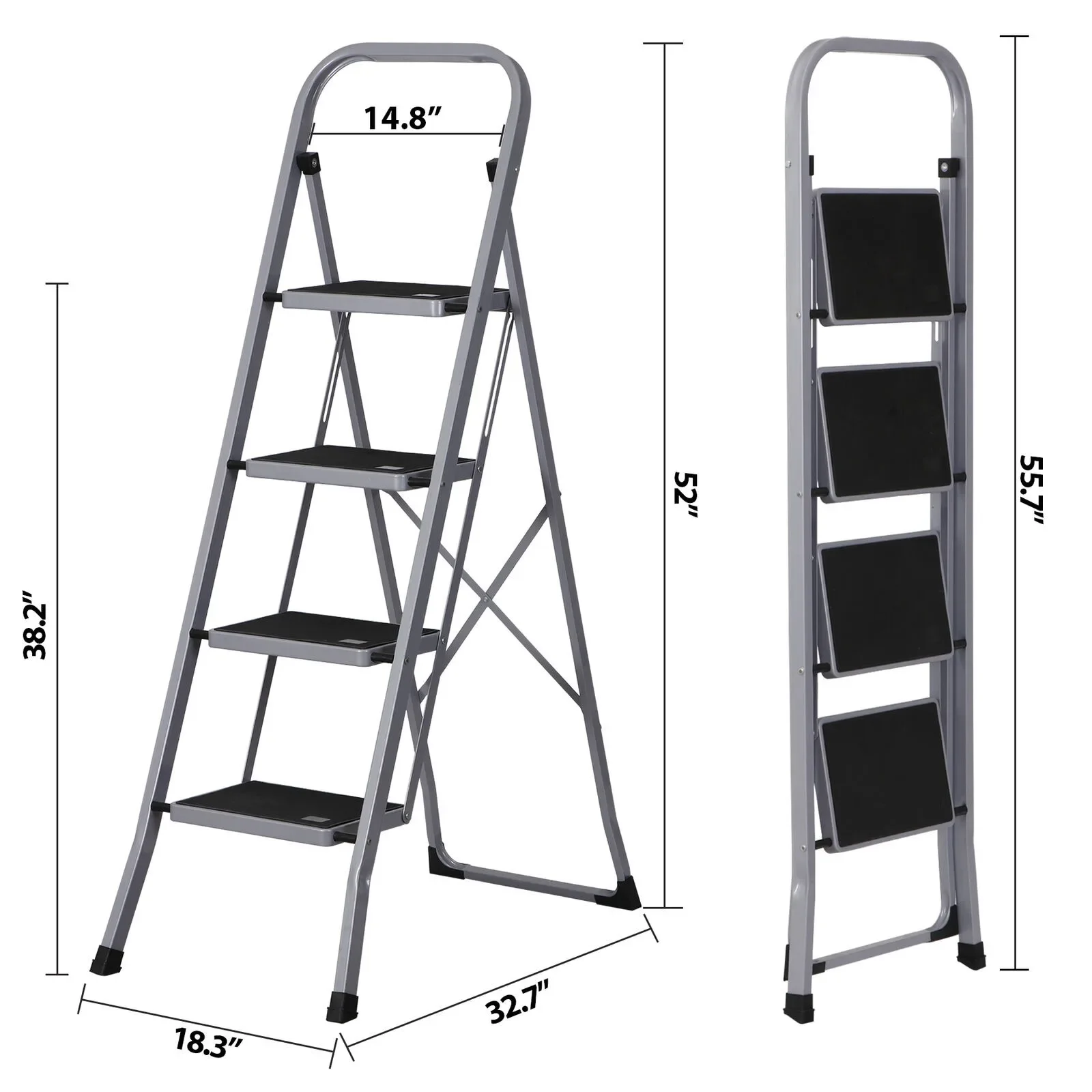 US 4-step ladder with anti slip wide pedals, convenient handle for household use, gray- 3
