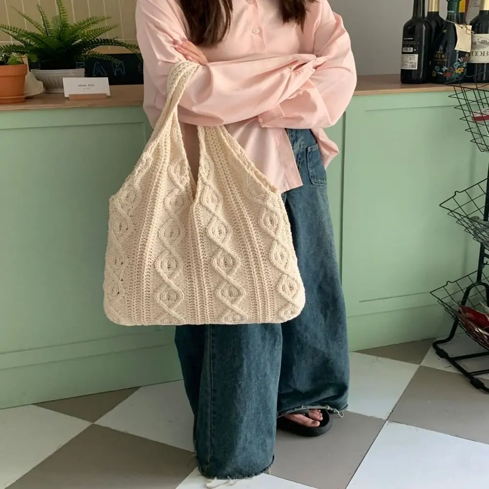 Hollow Women Shoulder Bags Retro Woven Solid Color Crochet Bag Large Capacity Shopping Tote