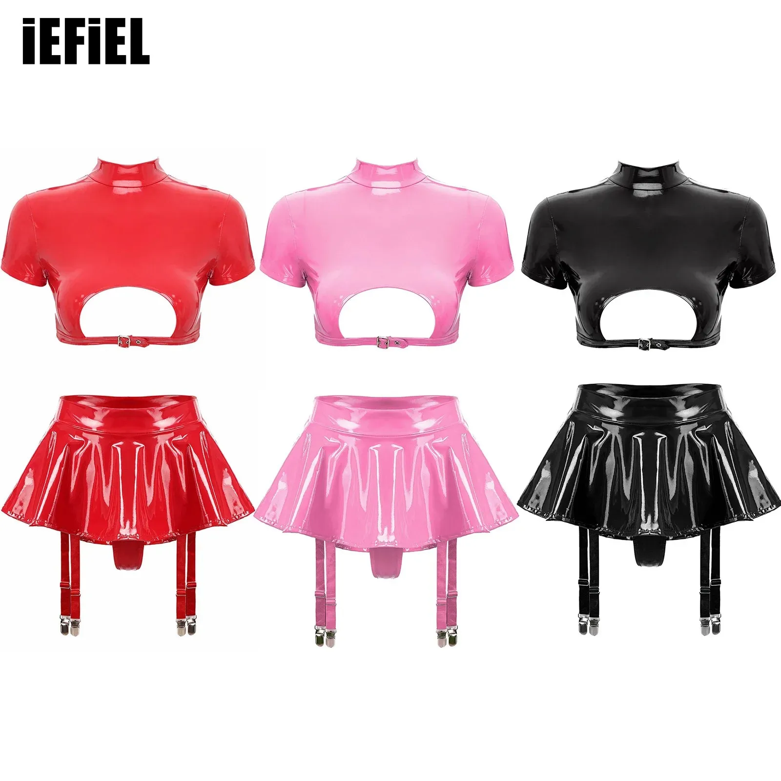 

Womens Patent Leather Lingerie Set Crop Top Ruffle Miniskirt Sexy Clubwear Short Sleeve Cutout Top with Garter Belts Skirt