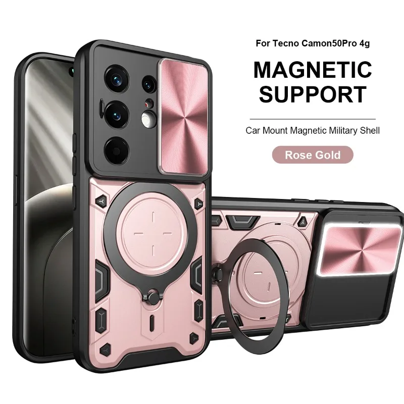 Tecno Camon Heavy Duty Shockproof Armor Case with Magnetic Ring Holder and Slide Lens Protection Cover