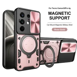 Tecno Camon Heavy Duty Shockproof Armor Case with Magnetic Ring Holder and Slide Lens Protection Cover for Camon 50 4G (Rose gold)