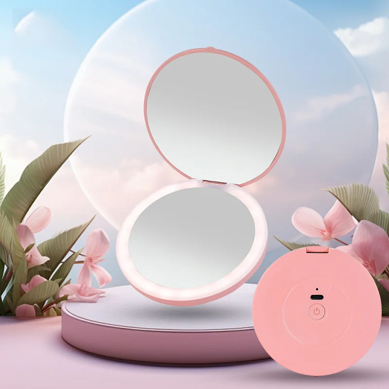 Mini LED Luminous Makeup Mirror Round Portable Foldable Small Compact Mirror with Light USB Handheld Makeup Lighted