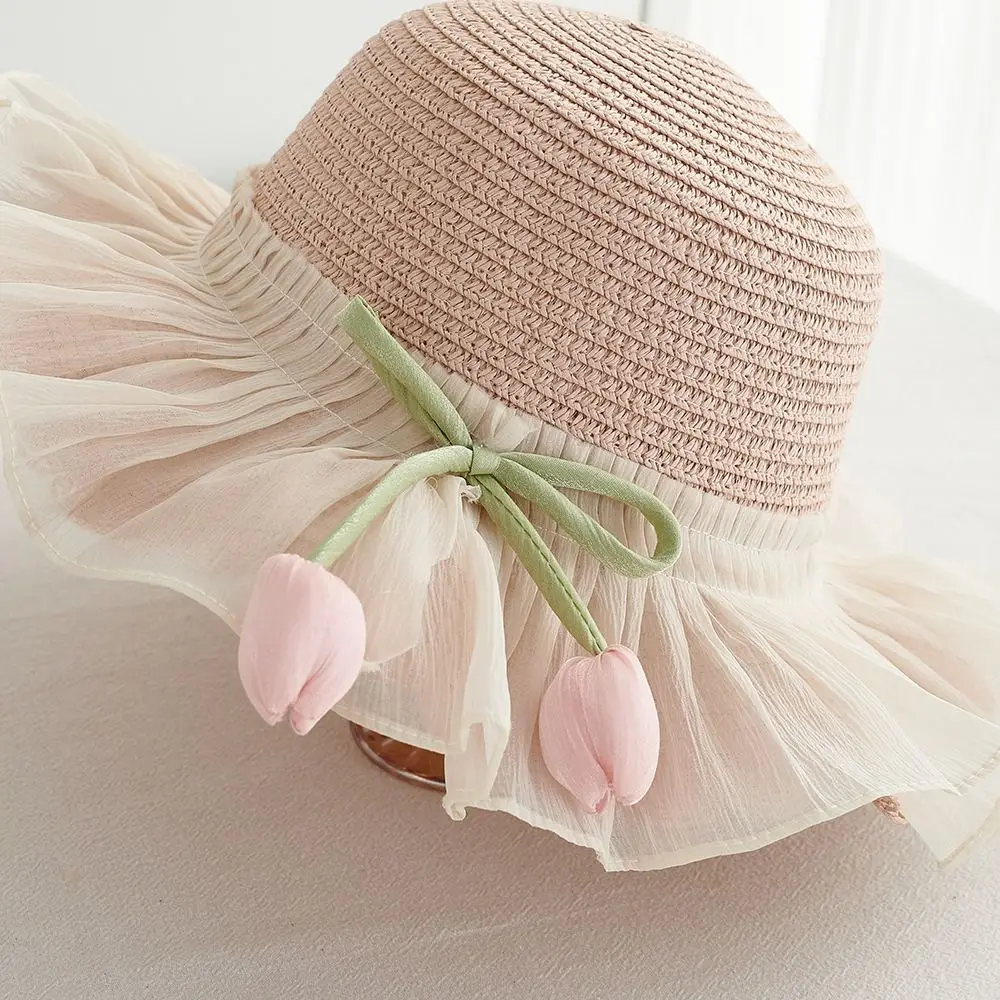 with Same Style Crossbody Bag Tulip Straw Sun Hat Korean Style Anti-UV Sun Hat Girls Bucket Hat Shading Hat Foldable