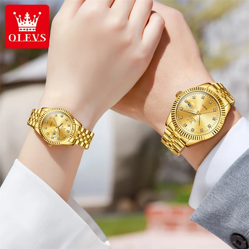 OLEVS Watch Sets For Her And Him Diamond Business Stainless Steel Male Female Wristwatches Couple Items For Lovers Relogio