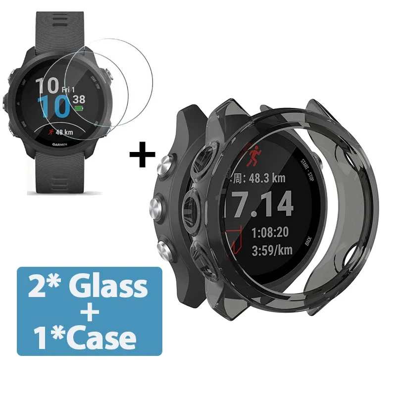 2-in-1 Protector Case + Screen Protector for Garmin Forerunner 245 255 265 Music Soft TPU Protective Cover Tempered Glass Film