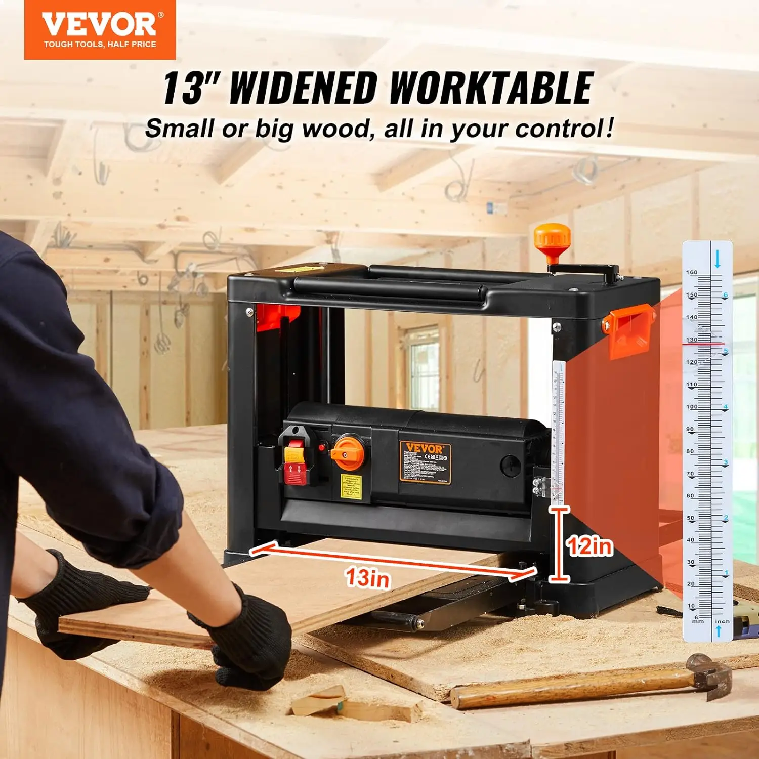 Power Benchtop Planers Three-Blade Two Speed 13" Width Worktable Thickness Planer with Extended Infeeding Table