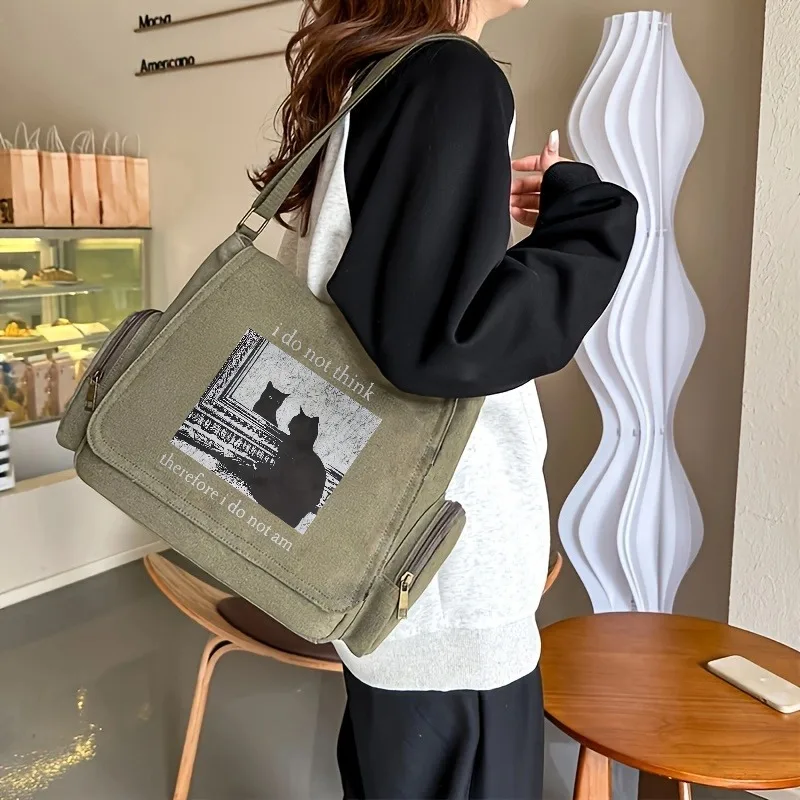 Vintage Canvas Bag Unisex Shoulder Bag Large Capacity  Army Green Cat Print Tote Crossbody Bag Commuting Bag For Women Shopping