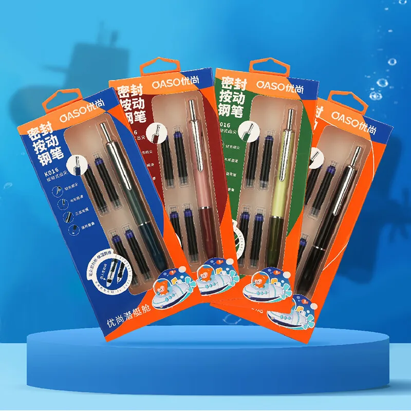 OASO K016 봉인 된 프레스 만년필 개폐식 0.5mm 펜촉 프레스 사무실 학교 학생 펜 세트 4pcs 파란색 잉크 카트리지