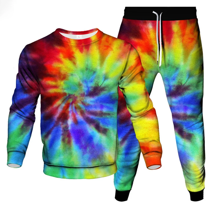 Colorful Tie Dye Vortex 3D Print Men's Sportswear Set New Long-Sleeved T Shirt Pants 2-Piece Set Oversized Pullover Men Clothing 4