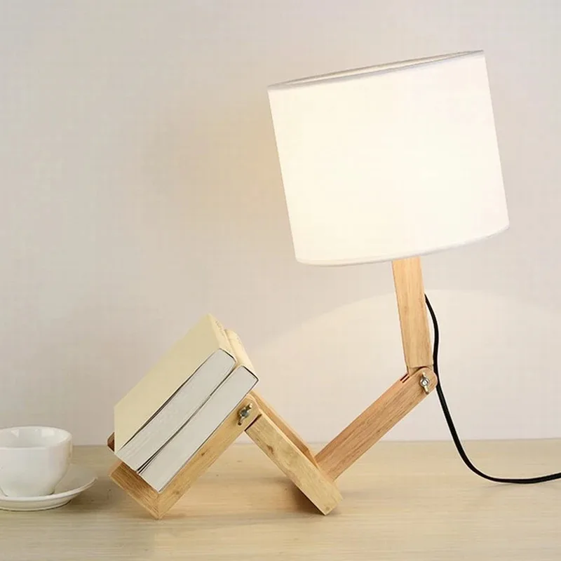 Table Lamp Wooden Robot Shape Creative Indoor Study Fashion Reading Desk Lamp Nordic Bedroom Desktop Decorative Night Light