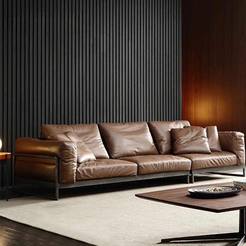 

Italian Minimalist Leather Loveseat Couch For Living Room Modern Brown Sofa With Wooden Frame Down Latex Sofa 190cm Furniture