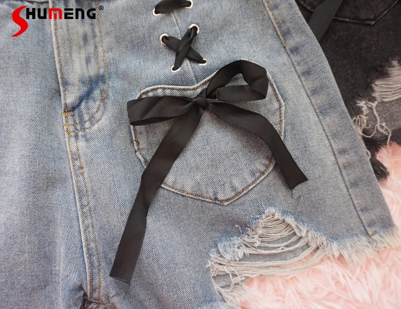 Sweet Girl Bow Bandage Ripped Jean Shorts for Women Student 2024 Summer New Loose High Waist Wide-Leg A- Line Black Denim Shorts