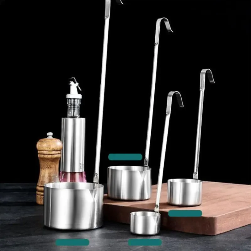 Cutlery Set Kitchenware Accessories Wooden Serving Spoon Ladle Stainless Steel Long Wine Pouring Spoon Hang Sauce Ladle Handle Hook 50/125/250/500ml Measuring Cup Kitchen Bar Tools