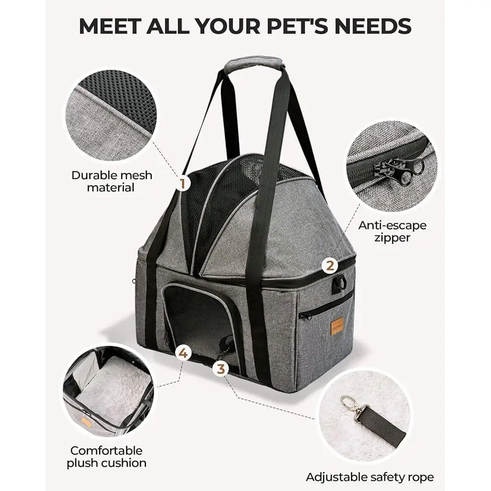 Soft Sided Cat Carrier Large Pet Bag Travel Seat with Semi-open Canopy Washable Cushion Collapsible Design Safety Features